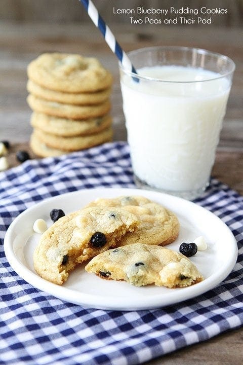 Lemon Blueberry Pudding Cookie Recipe on twopeasandtheirpod.com Soft lemon cookies with dried blueberries and white chocolate chips!