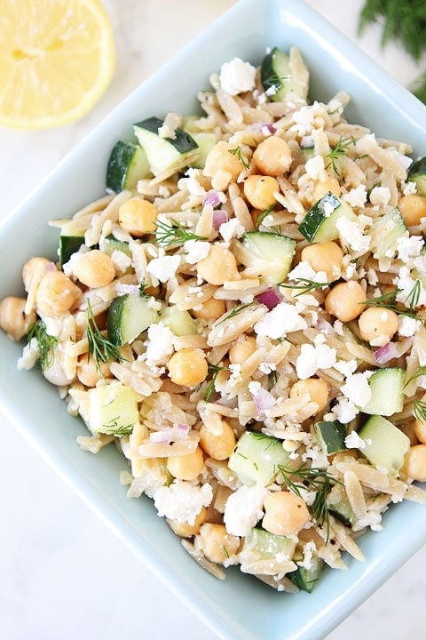 Easy Orzo Salad with Chickpeas, Cucumbers, Lemon, Dill, & Feta  