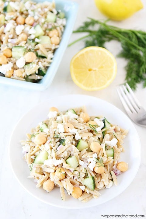 Orzo Salad with Chickpeas, Cucumbers, Lemon, Dill, & Feta on plate
