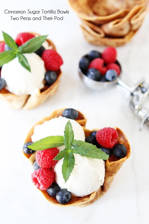 Cinnamon Sugar Tortilla Bowls Recipe on twopeasandtheirpod.com Serve up your favorite ice cream in these cute and edible bowls!