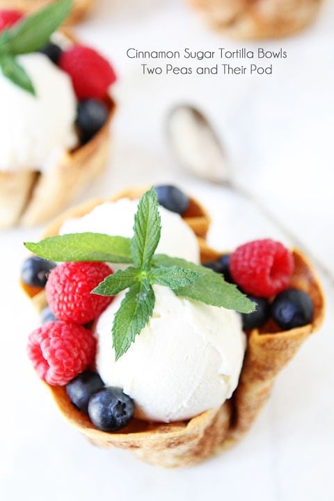 Cinnamon Sugar Tortilla Ice Cream Bowls Recipe on twopeasandtheirpod.com 