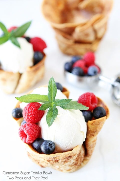 Cinnamon Sugar Tortilla Ice Cream Bowls Recipe on twopeasandtheirpod.com Serve your ice cream in style this summer!