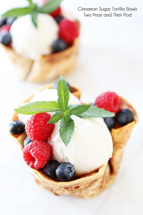 Cinnamon Sugar Tortilla Ice Cream Bowls Recipe on twopeasandtheirpod.com Edible ice cream bowls that are simple to make!