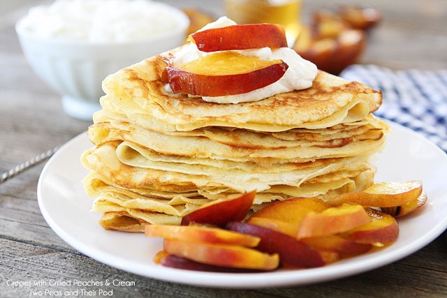 Crepes with Grilled Peaches & Cream Recipe on twopeasandtheirpod.com A great way to use up the summer peaches!