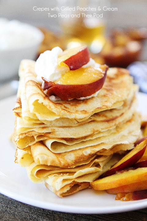 Crepes with Grilled Peaches & Cream Recipe on twopeasandtheirpod.com 