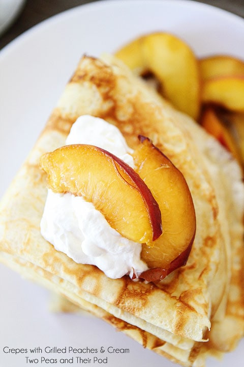 Crepes with Grilled Peaches & Cream Recipe on twopeasandtheirpod.com Perfect summer treat!