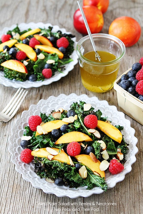 Grilled Kale Salad with Berries & Nectarines Recipe on twopeasandtheirpod.com A simple, healthy, and beautiful summer salad!