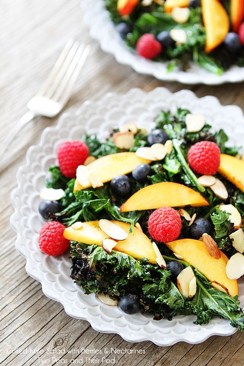 Grilled Kale Salad with Berries & Nectarines Recipe on twopeasandtheirpod.com 