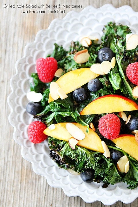 Grilled Kale Salad with Berries & Nectarines Recipe on twopeasandtheirpod.com A must make salad for summer! 