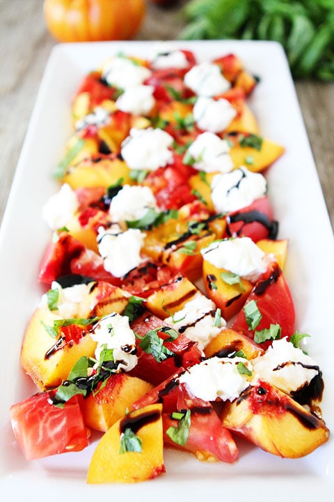 Tomato, Peach, & Burrata Salad Recipe on twopeasandtheirpod.com 