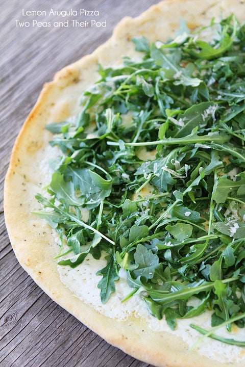 Thin Crust Lemon Arugula Pizza Recipe on twopeasandtheirpod.com 