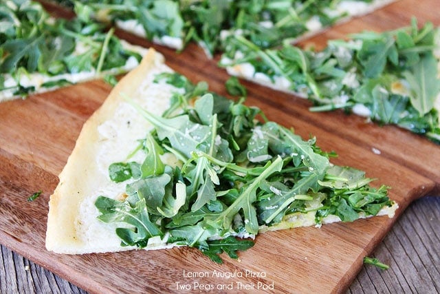 Lemon Arugula Pizza with Mozzarella and Parmesan Cheese on twopeasandtheirpod.com