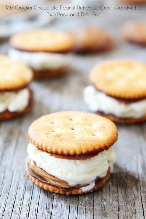 Ritz Cracker Chocolate Peanut Butter Ice Cream Sandwiches on twopeasandtheirpod.com Salty crackers with chocolate, peanut butter, and ice cream-YUM!