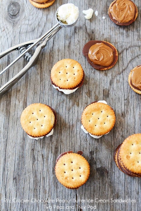 Ritz Cracker Chocolate Peanut Butter Ice Cream Sandwiches on twopeasandtheirpod.com 