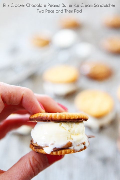 Ritz Cracker Chocolate Peanut Butter Ice Cream Sandwiches on twopeasandtheirpod.com A fun summer treat!