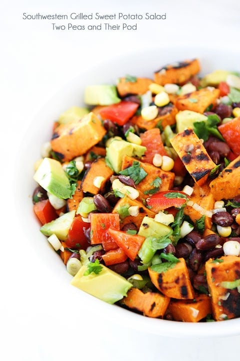 Grilled Sweet Potato Salad with black beans, corn, avocado, red pepper, and cilantro in bowl