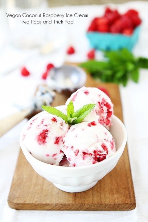 vegan ice cream with raspberries and mint