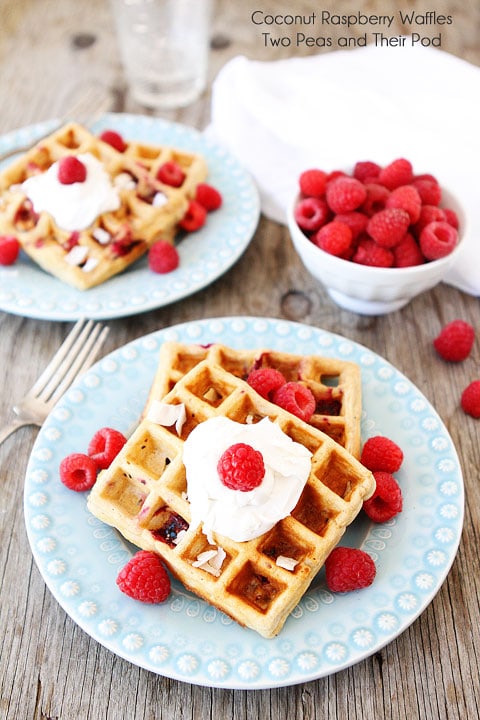 Coconut Raspberry Waffles with Coconut Whipped Cream Recipe on twopeasandtheirpod.com 