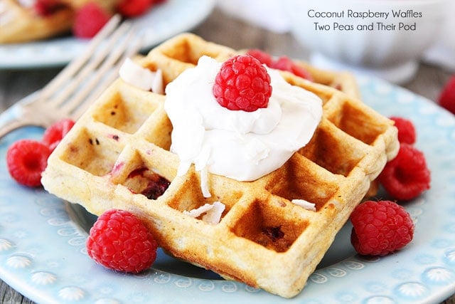Coconut Raspberry Waffles with Coconut Whipped Cream Recipe on twopeasandtheirpod.com #recipe