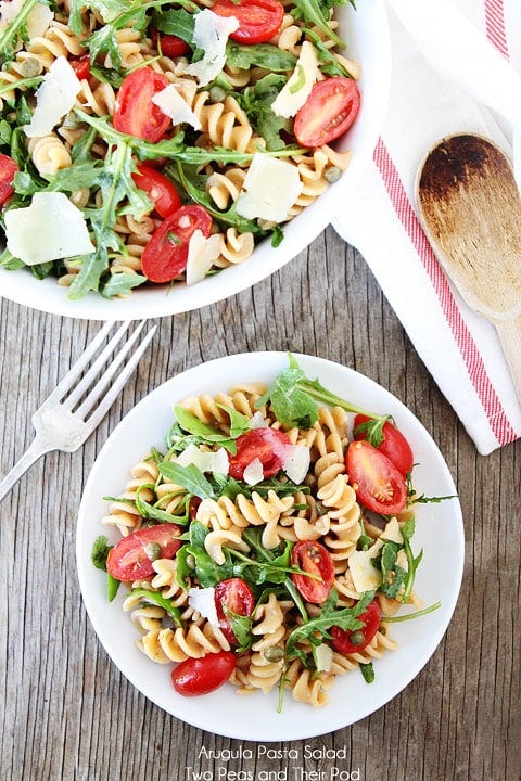 Arugula Whole Wheat Pasta Salad Recipe on twopeasandtheirpod.com 