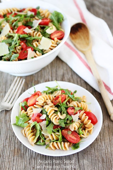 Easy Arugula Pasta Salad Recipe on twopeasandtheirpod.com