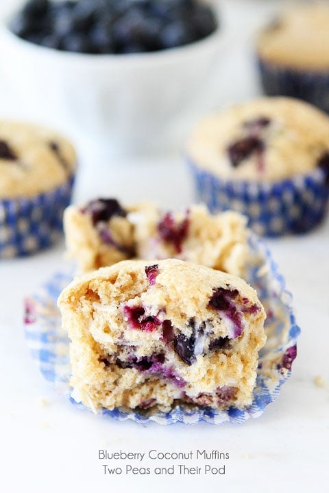 Blueberry Coconut Muffin Recipe on twopeasandtheirpod.com Coconut fans will love these muffins!