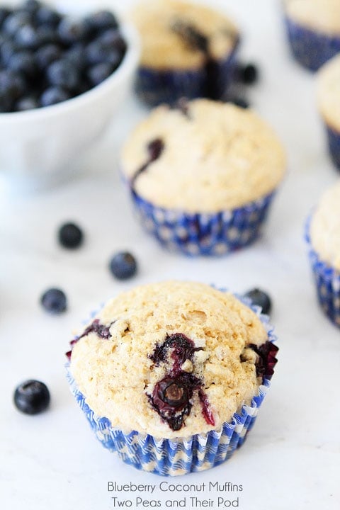 Simple Blueberry Coconut Muffins on twopeasandtheirpod.com 