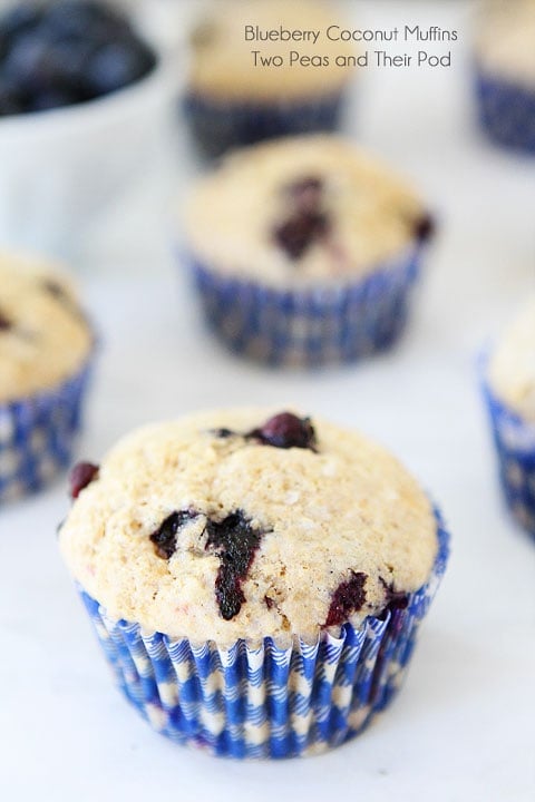 Blueberry Coconut Muffin Recipe on twopeasandtheirpod.com Made with coconut oil, coconut milk, and coconut! 