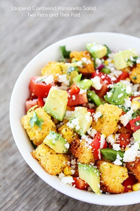 Jalapeño Cornbread Panzanella Salad Recipe on twopeasandtheirpod.com Love this salad!