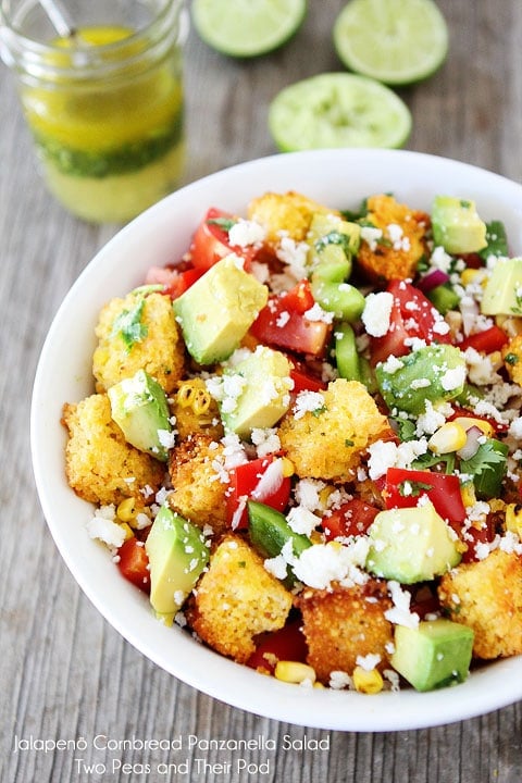 Jalapeño Cornbread Panzanella Salad Recipe on twopeasandtheirpod.com Love everything about this salad!