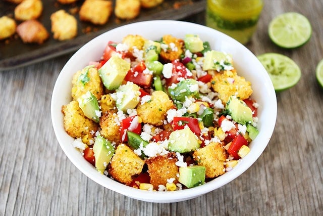 Jalapeño Cornbread Panzanella Salad Recipe on twopeasandtheirpod.com This salad is full of flavor!