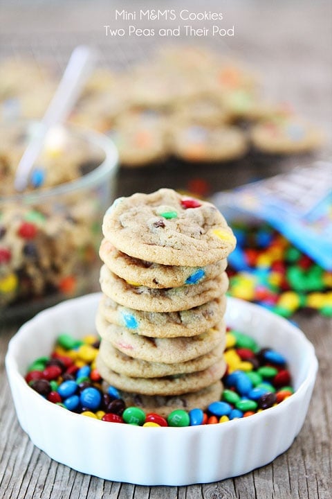 Mini M&M'S Cookies Recipe on twopeasandtheirpod.com Mini chocolate chip cookies with M&M'S Minis! 