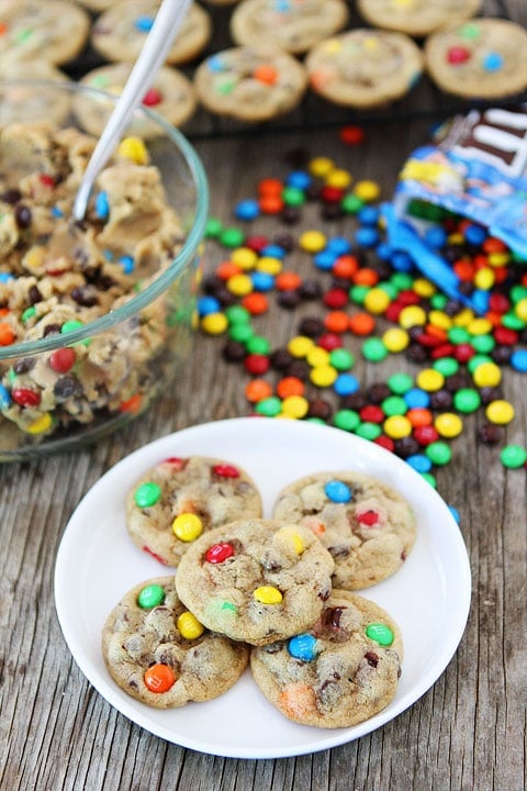 Mini M&M's Chocolate Chip Cookies on twopeasandtheirpod.com