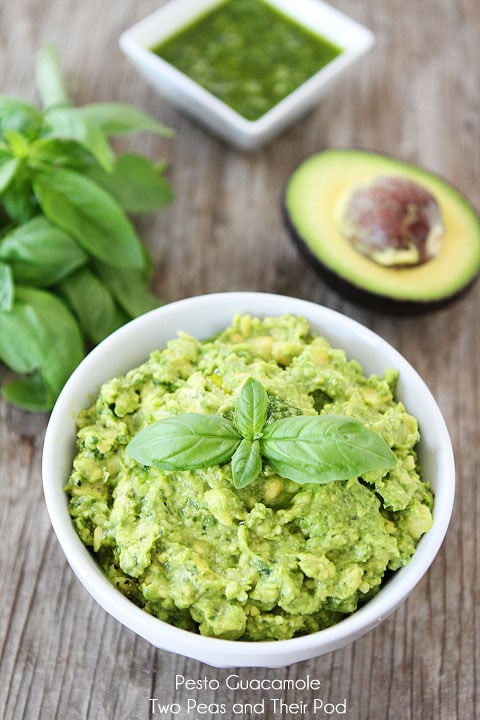 Pesto Guacamole Recipe on twopeasandtheirpod.com