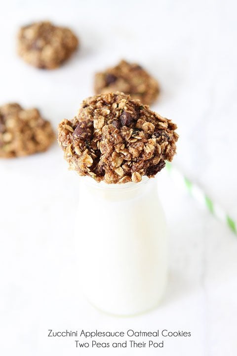 Zucchini Applesauce Oatmeal Cookie Recipe on twopeasandtheirpod.com Love these healthy cookies!