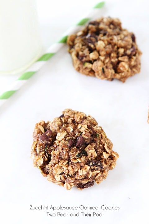 Whole Wheat Zucchini Applesauce Oatmeal Cookies on twopeasandtheirpod.com Love this healthy cookie recipe!