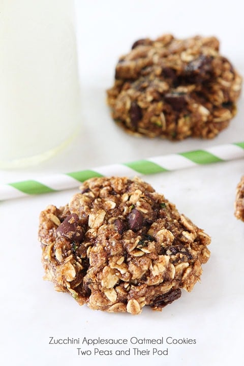 Zucchini Applesauce Oatmeal Cookie Recipe on twopeasandtheirpod.com No butter or oil! 