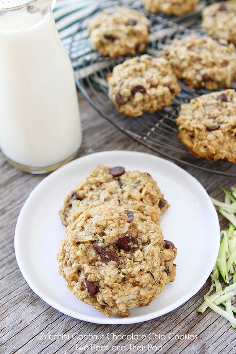 Zucchini cookies on plate with glass of milk