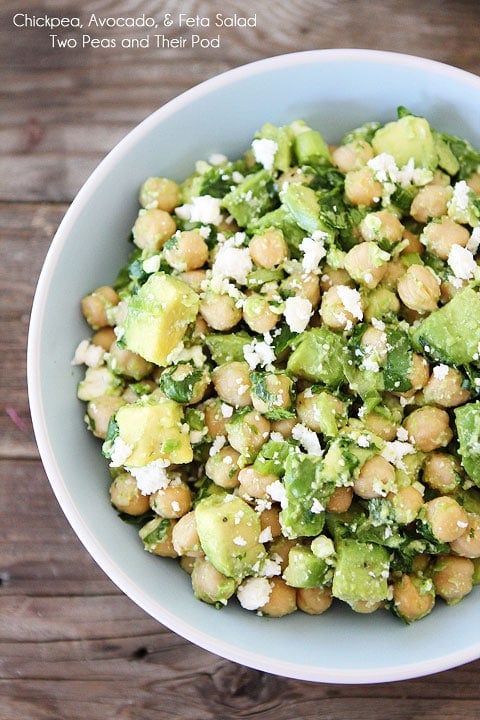 Easy Chickpea, Avocado, & Feta Salad Recipe in serving bowl. 