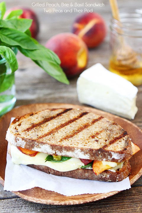 Grilled Peach, Brie, & Basil Sandwich Recipe on twopeasandtheirpod.com 