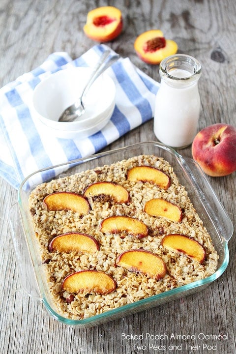 Baked Peach Almond Oatmeal on twopeasandtheirpod.com #recipe