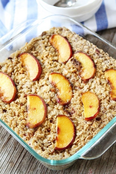 Baked Peach Almond Oatmeal Recipe on twopeasandtheirpod.com An easy and healthy breakfast! 