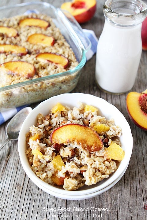 Baked Peach Almond Oatmeal Recipe on twopeasandtheirpod.com