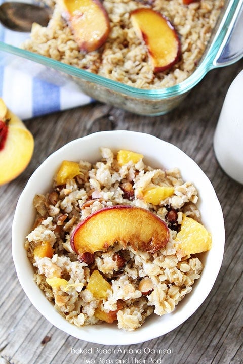 Easy Baked Peach Almond Oatmeal Recipe on twopeasandtheirpod.com 