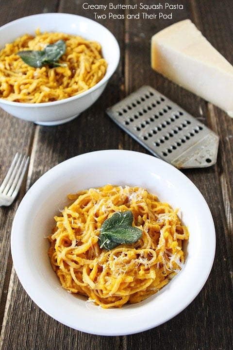 Creamy Butternut Squash Whole Wheat Pasta Recipe from twopeasandtheirpod.com 