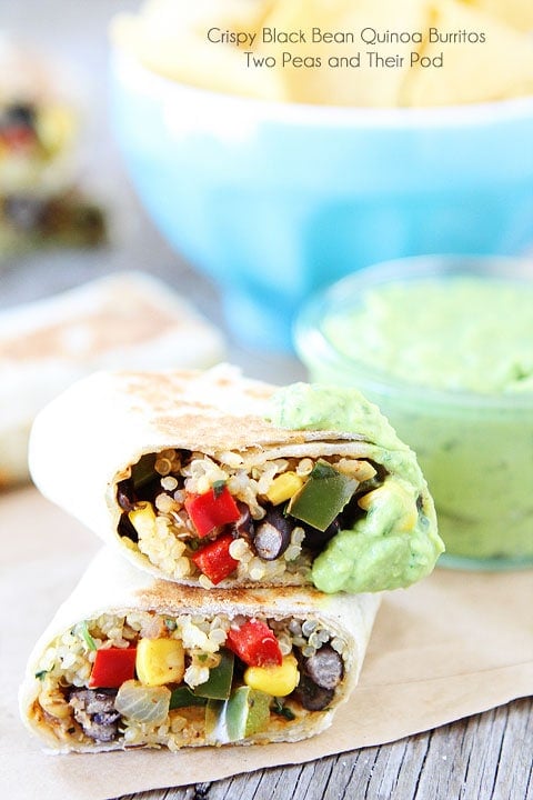 Crispy Black Bean Quinoa Burritos with Avocado Dipping Sauce on twopeasandtheirpod.com #recipe