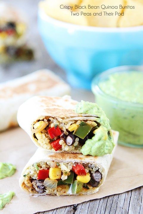 Easy Crispy Black Bean Quinoa Burritos with Avocado Dipping Sauce on twopeasandtheirpod.com #recipe #healthy