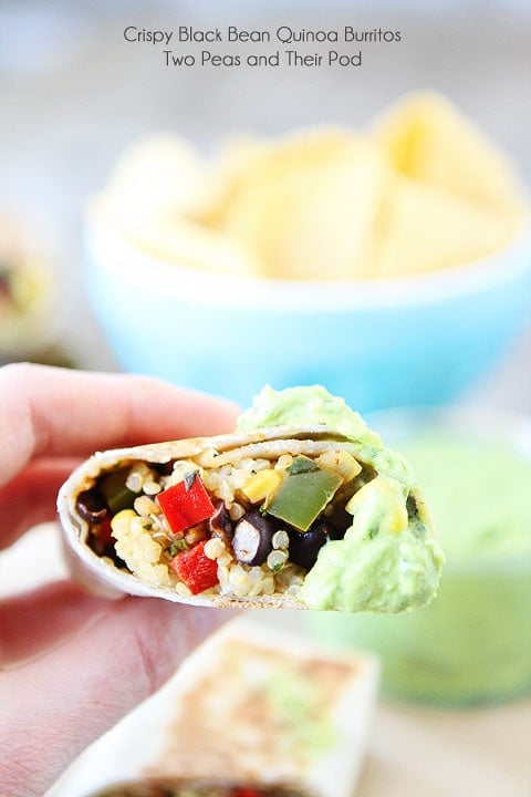 Easy Crispy Black Bean Quinoa Burritos with Avocado Dipping Sauce on twopeasandtheirpod.com #recipe