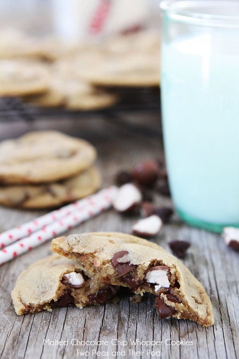 Malted Chocolate Chip Whopper Cookie Recipe on twopeasandtheirpod.com #recipe 