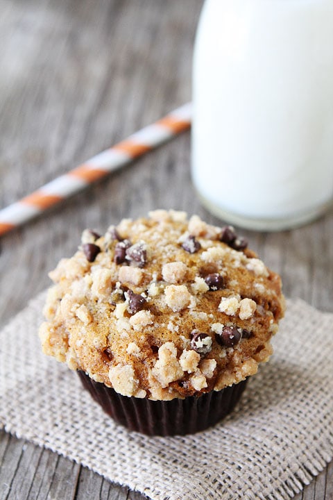 Pumpkin Toffee Chocolate Chip Muffins on twopeasandtheirpod.com #recipe